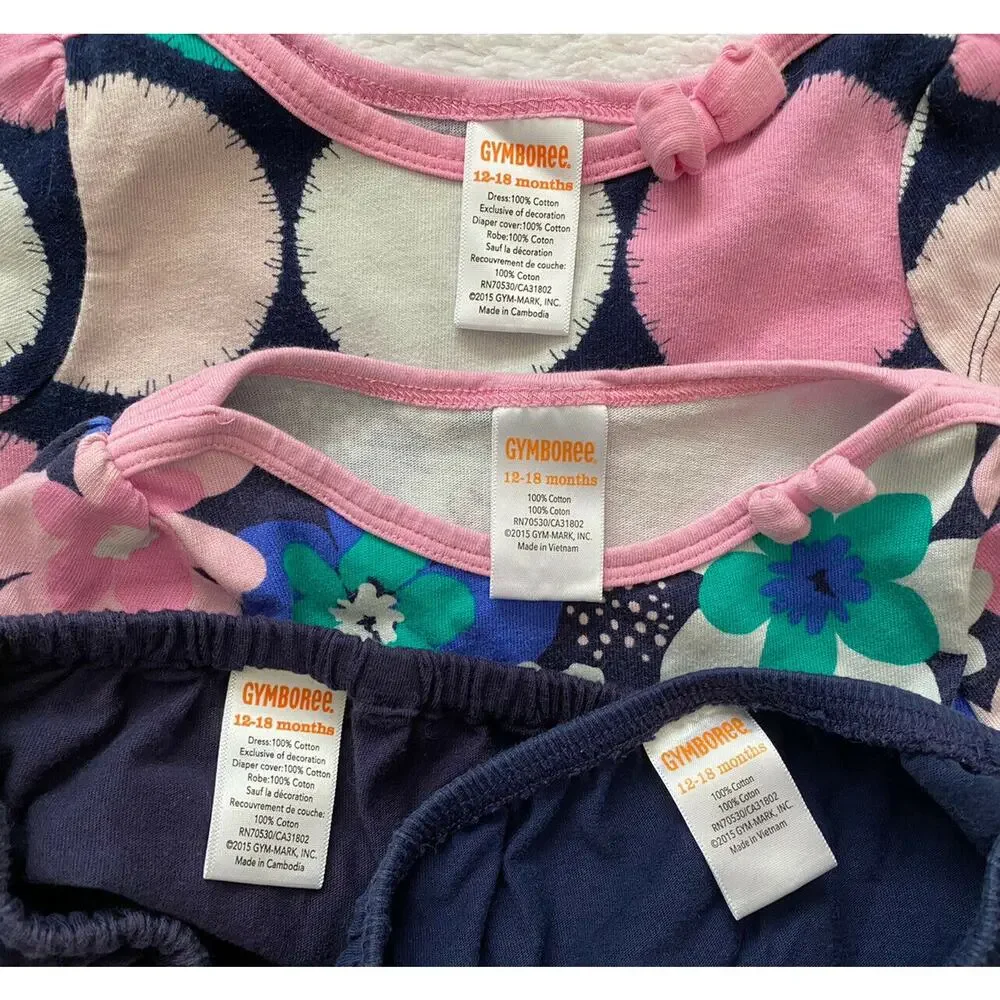 GYMBOREE Pink Blue Print Dress Set of 2 12-18 Months Floral Polka Dots